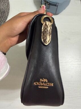 Coach Black Leather Shoulder Bag with Gold Hardware and Snakeskin Accent